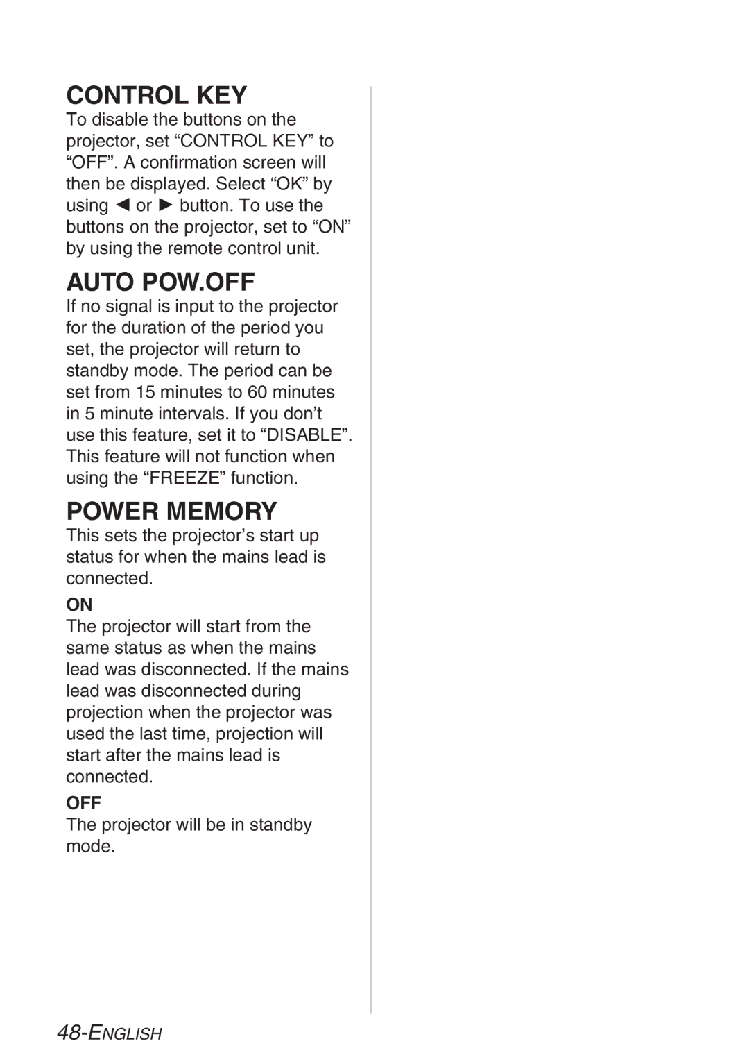 Panasonic PT-LB20NTE, PT-LB20E, PT-LB20VE, PT-LB20SE manual Control KEY, Auto POW.OFF, Power Memory 