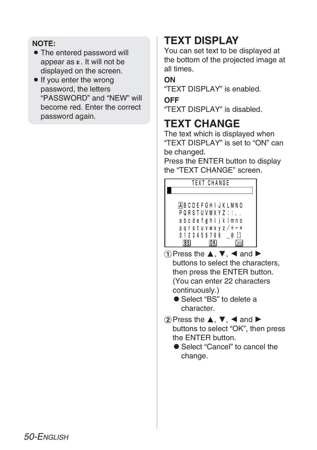 Panasonic PT-LB20VE, PT-LB20NTE, PT-LB20E, PT-LB20SE manual Text Display, Text Change 