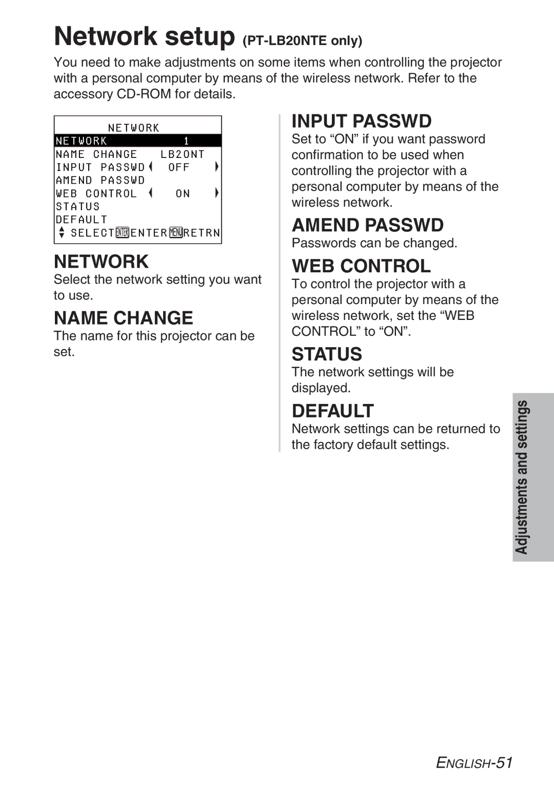 Panasonic PT-LB20SE, PT-LB20NTE, PT-LB20E, PT-LB20VE manual Network, Name Change, WEB Control, Status, Default 