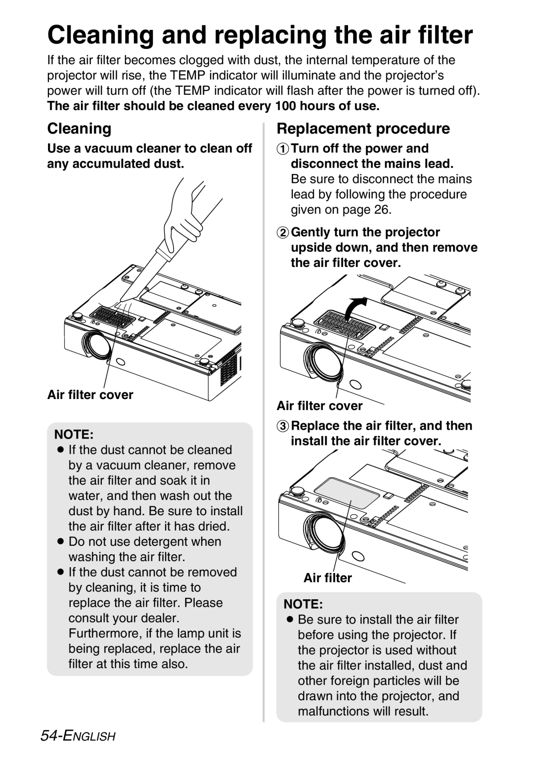 Panasonic PT-LB20VE, PT-LB20NTE, PT-LB20E, PT-LB20SE manual Cleaning and replacing the air filter, Replacement procedure 