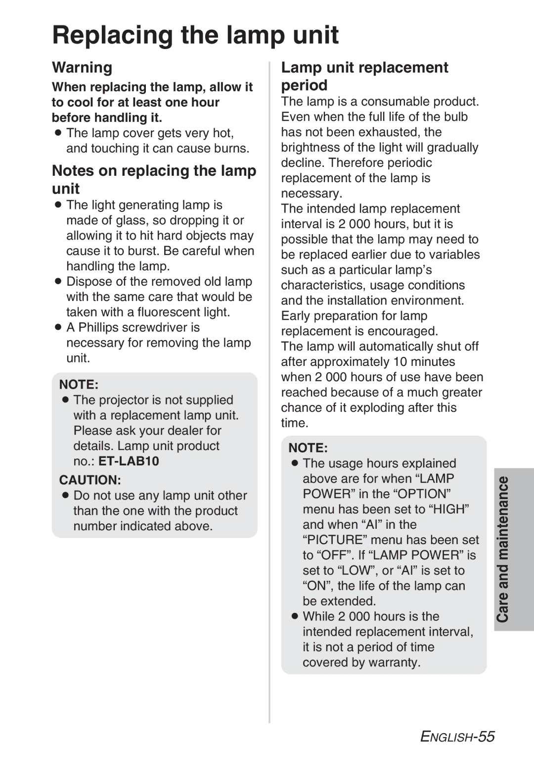 Panasonic PT-LB20SE, PT-LB20NTE, PT-LB20E, PT-LB20VE manual Replacing the lamp unit, Lamp unit replacement period 