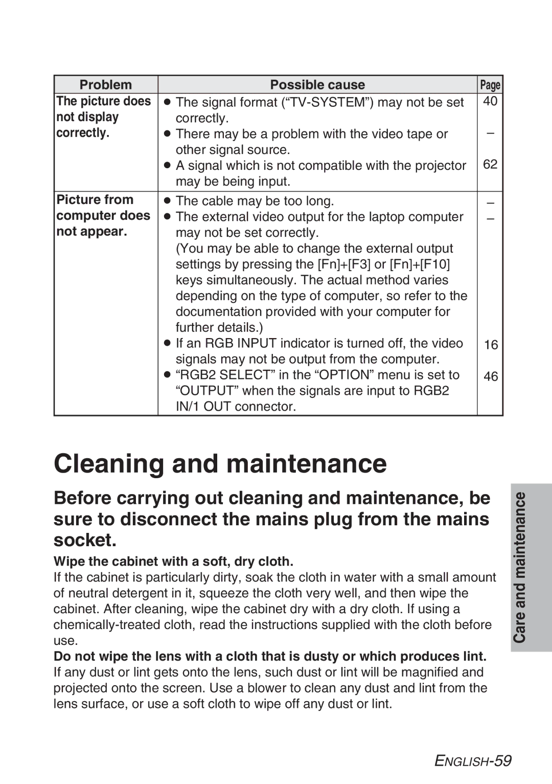 Panasonic PT-LB20SE, PT-LB20NTE, PT-LB20E, PT-LB20VE manual Cleaning and maintenance 