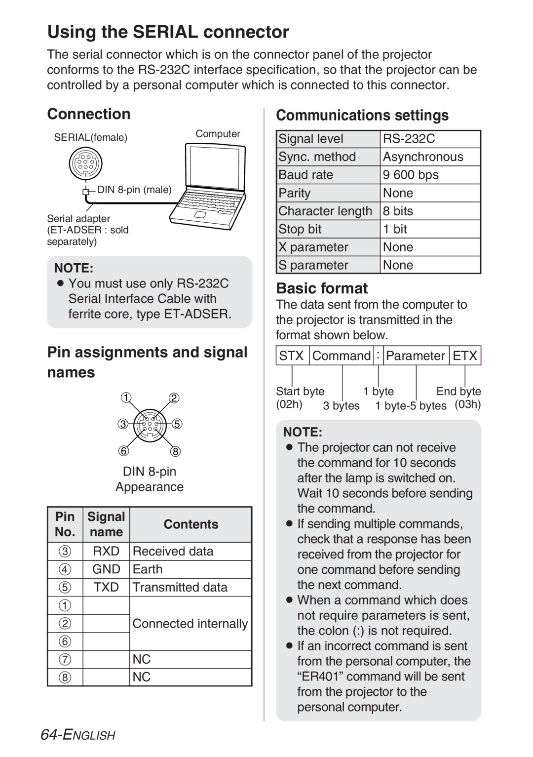 Panasonic PT-LB20NTE Using the Serial connector, Connection, Pin assignments and signal names, Communications settings 