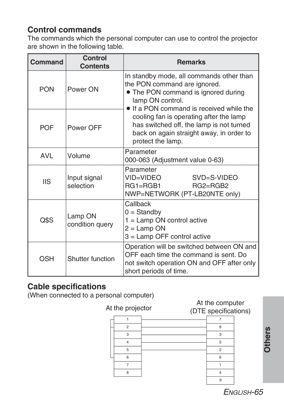 Panasonic PT-LB20E, PT-LB20NTE, PT-LB20VE manual Control commands, Cable specifications, Command Control Remarks Contents 