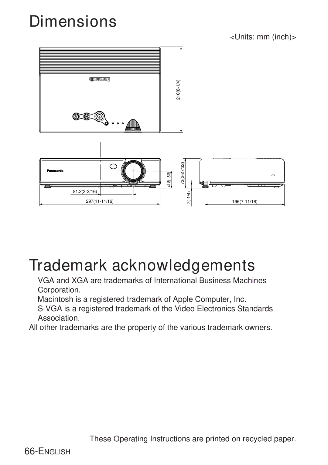 Panasonic PT-LB20VE, PT-LB20NTE, PT-LB20E, PT-LB20SE manual Dimensions, Trademark acknowledgements 