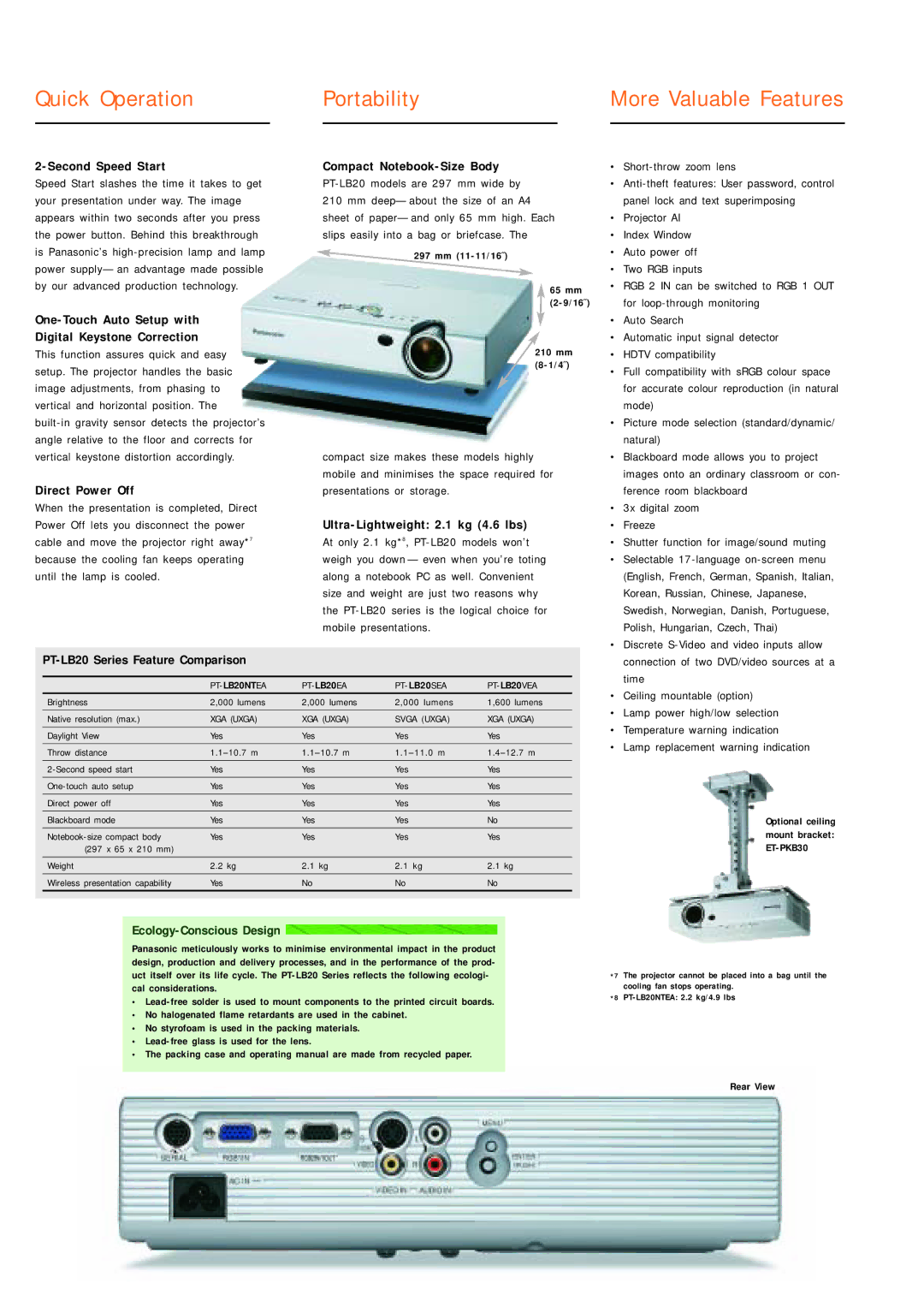 Panasonic PT-LB20VEA manual Second Speed Start, One-Touch Auto Setup with Digital Keystone Correction, Direct Power Off 