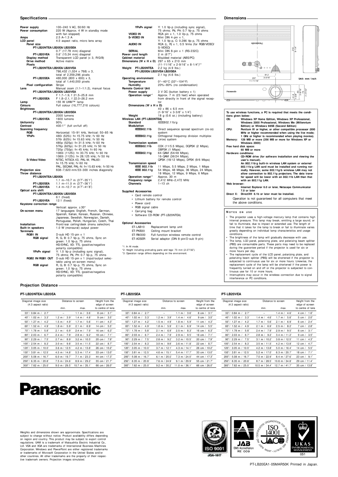 Panasonic PT-LB20EA manual PT-LB20NTEA/LB20EA, PT-LB20SEA, PT-LB20VEA 