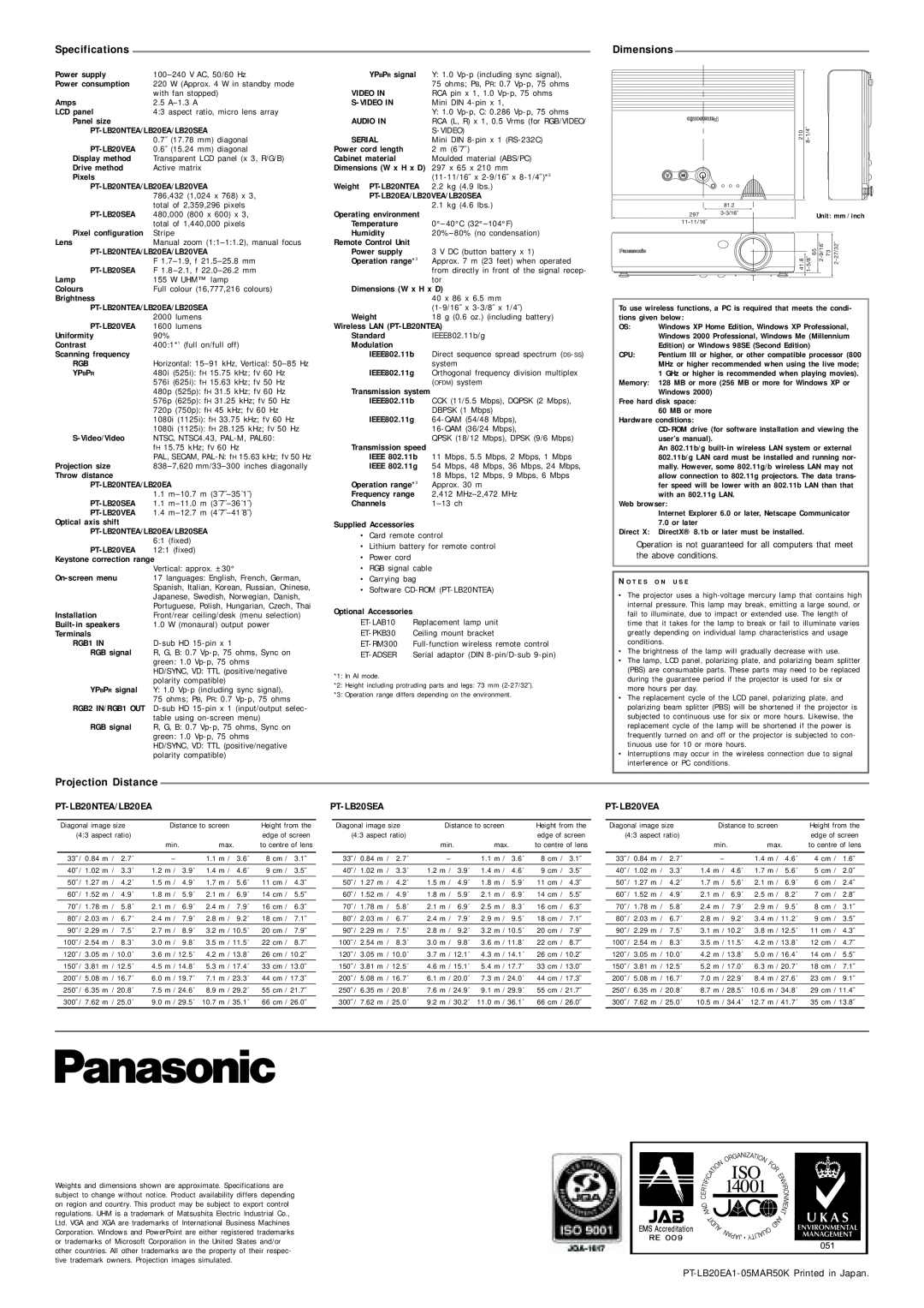 Panasonic PT-LB20EA manual Specifications, Dimensions, Projection Distance, PT-LB20NTEA/LB20EA, PT-LB20SEA, PT-LB20VEA 