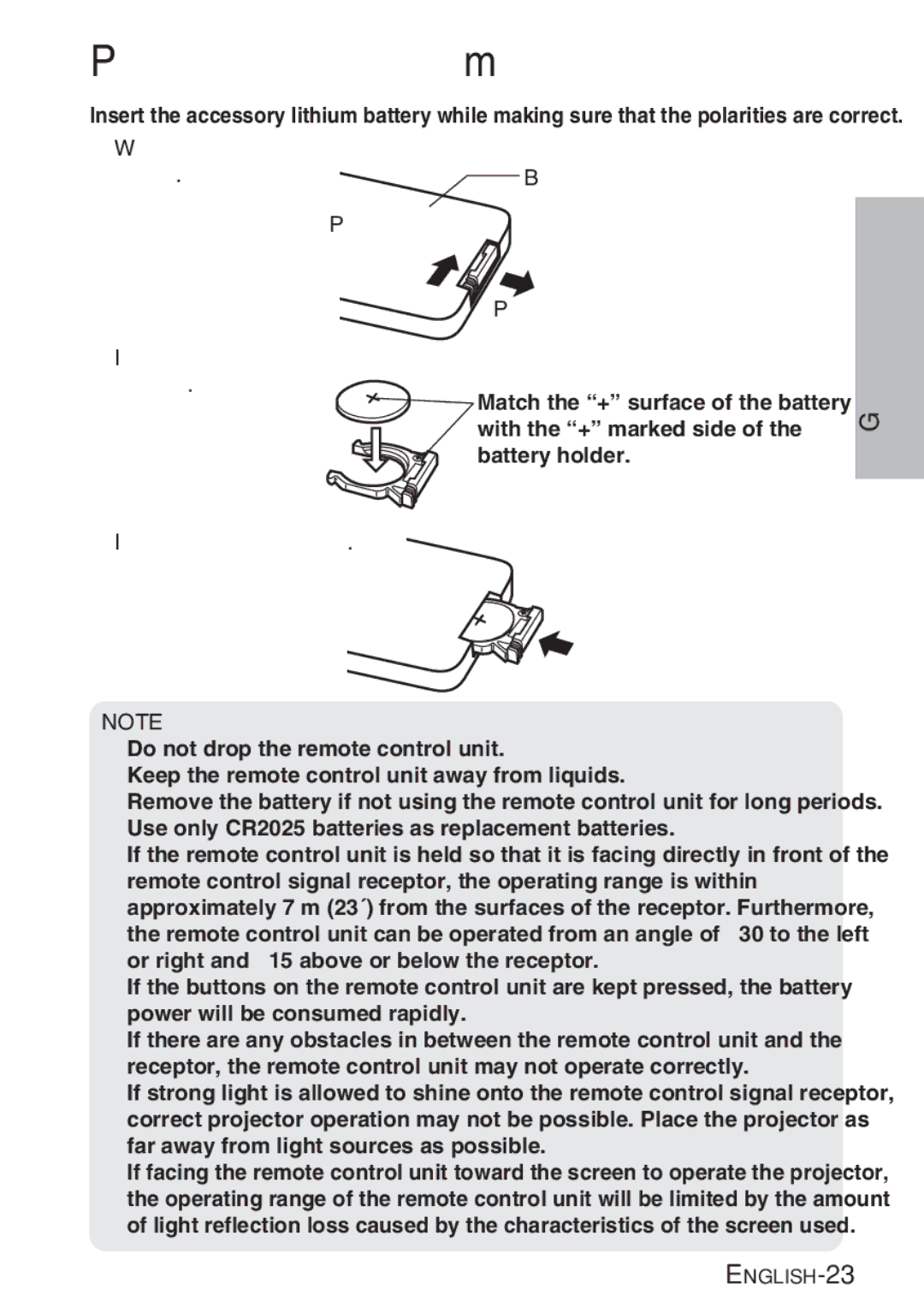 Panasonic PT-LB20SU, PT-LB20VU, PT-LB20U manual Preparation for the remote control unit, Insert the battery holder 