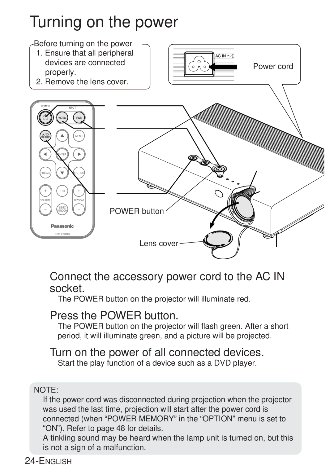 Panasonic PT-LB20VU, PT-LB20U Turning on the power, $Press the Power button, Turn on the power of all connected devices 