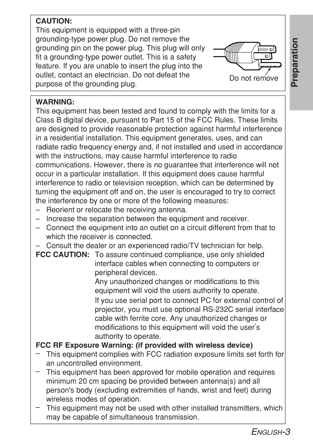 Panasonic PT-LB20VU, PT-LB20U, PT-LB20SU manual Preparation, FCC RF Exposure Warning if provided with wireless device 