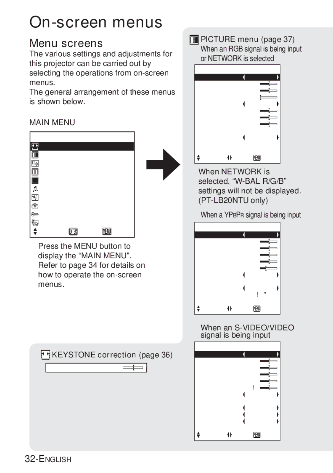 Panasonic PT-LB20SU, PT-LB20VU, PT-LB20U manual On-screen menus, Menu screens, Keystone correction 