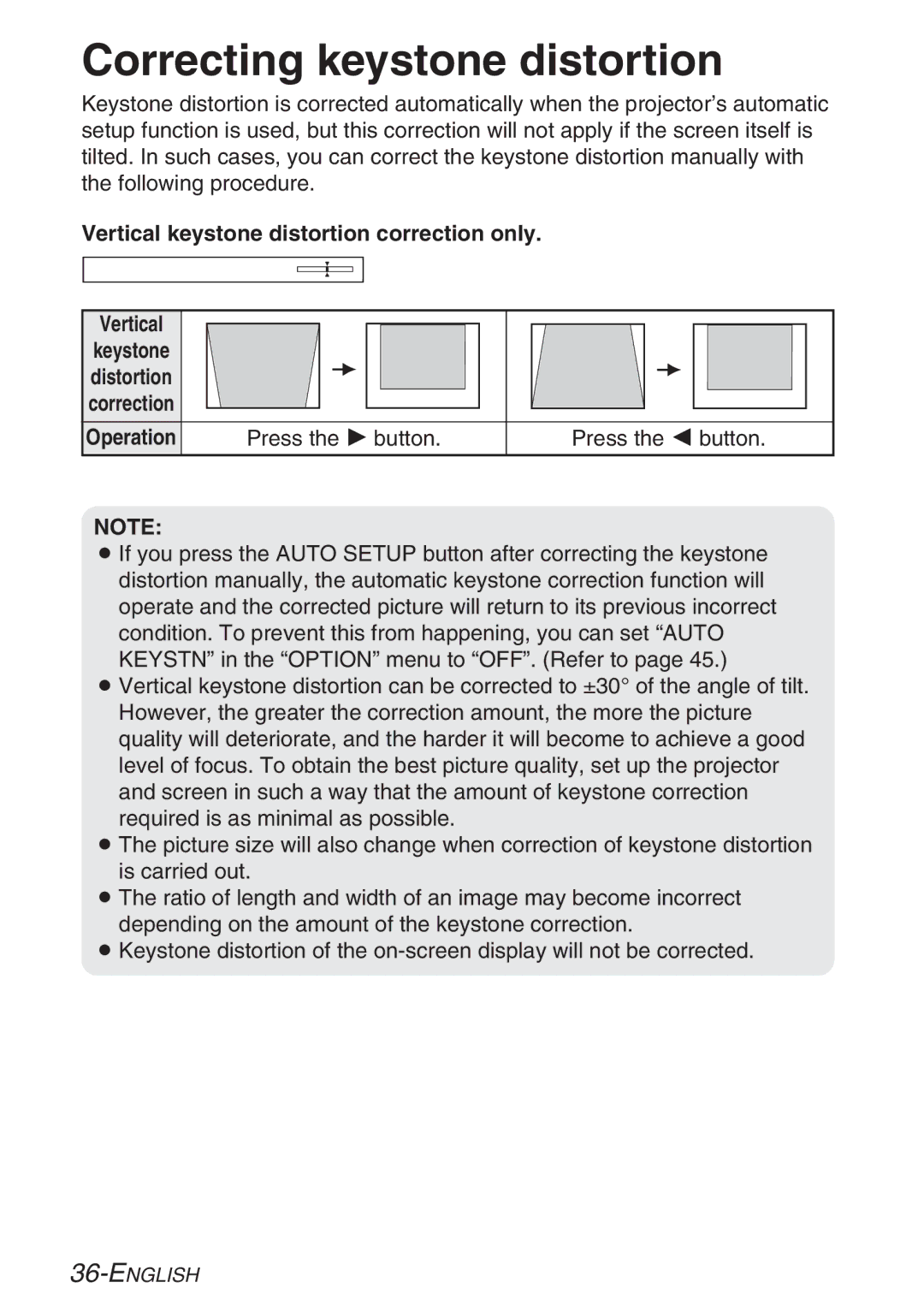 Panasonic PT-LB20VU, PT-LB20U manual Correcting keystone distortion, Vertical keystone distortion correction only, Operation 