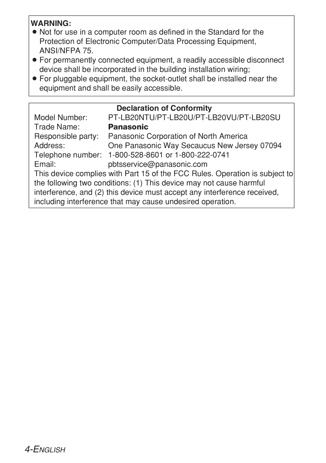 Panasonic PT-LB20U, PT-LB20VU, PT-LB20SU manual Declaration of Conformity, Panasonic 