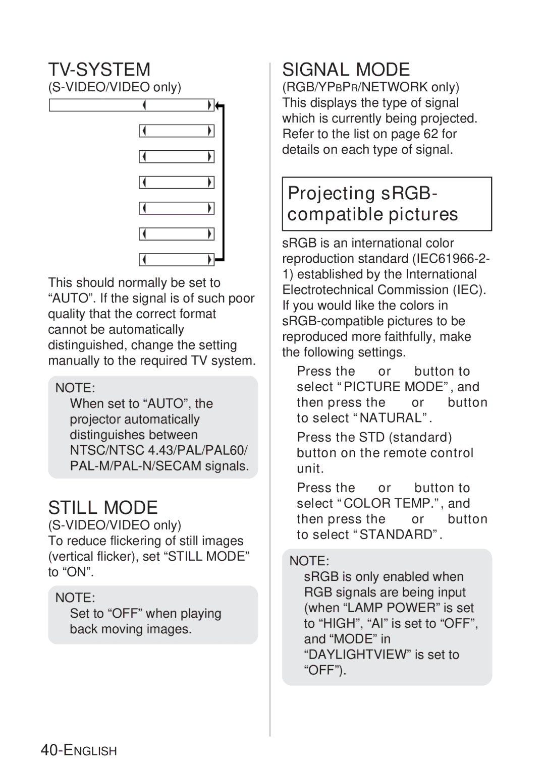 Panasonic PT-LB20U, PT-LB20VU, PT-LB20SU Tv-System, Still Mode, Signal Mode, TV-SYSTEM Auto Ntsc, PAL PAL-M PAL-N Secam 