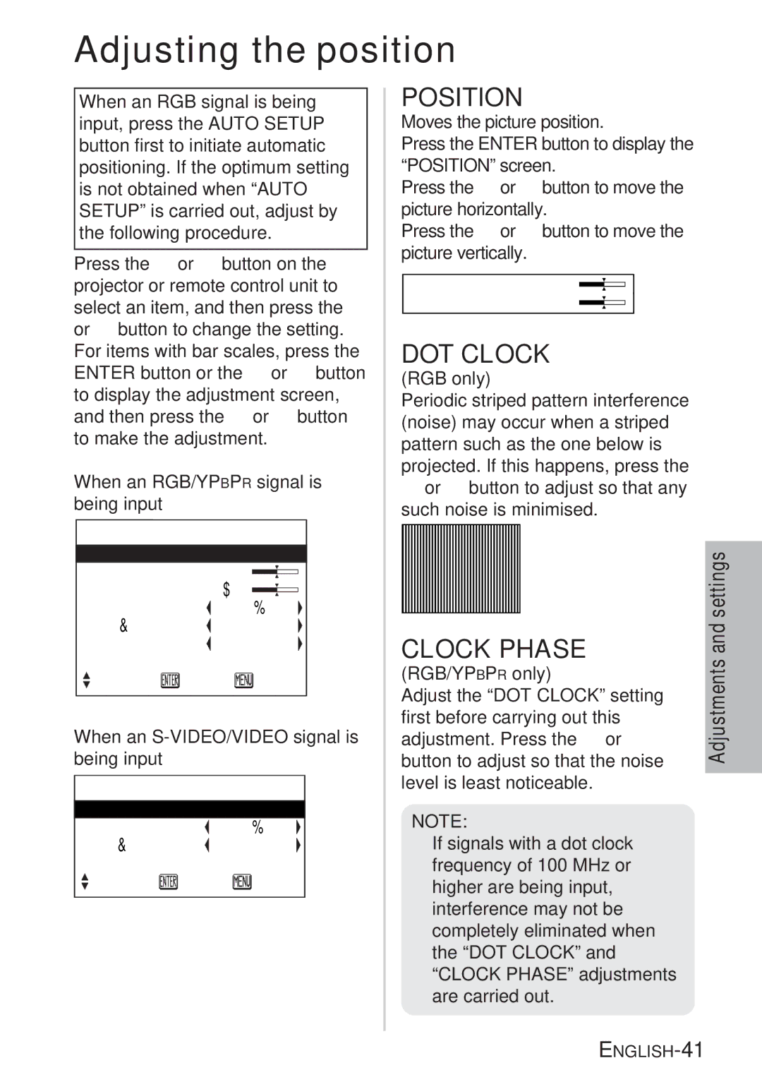 Panasonic PT-LB20SU, PT-LB20VU, PT-LB20U manual Adjusting the position, Position, DOT Clock, Clock Phase 