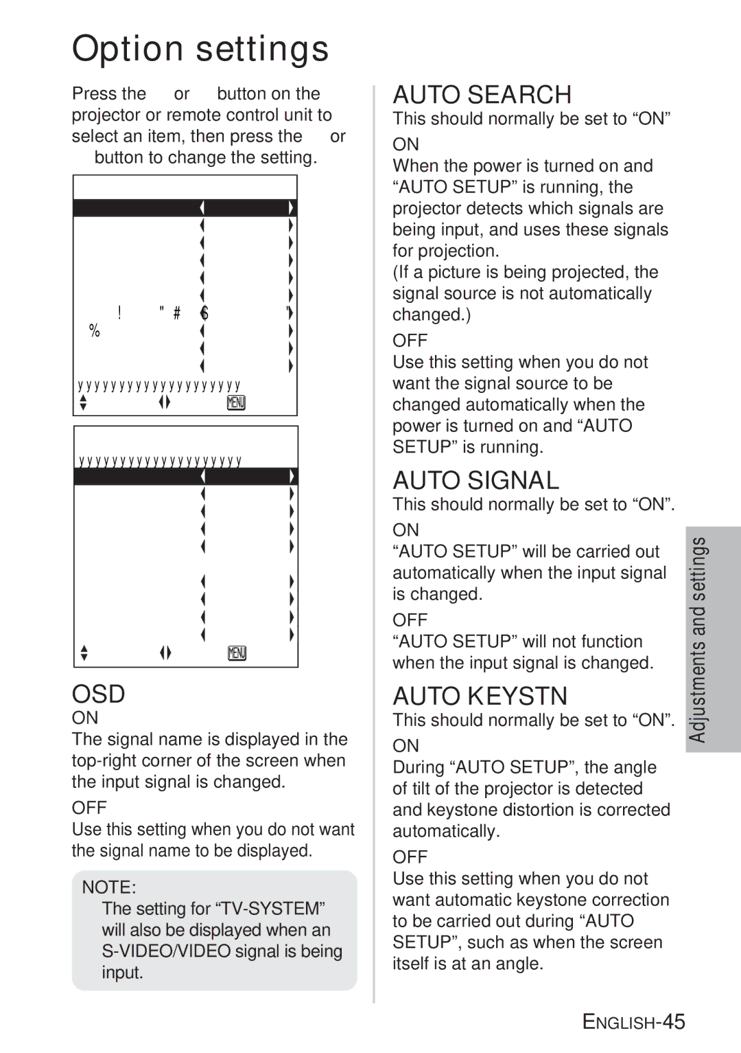 Panasonic PT-LB20VU, PT-LB20U, PT-LB20SU manual Option settings, Osd, Auto Search, Auto Signal, Auto Keystn 