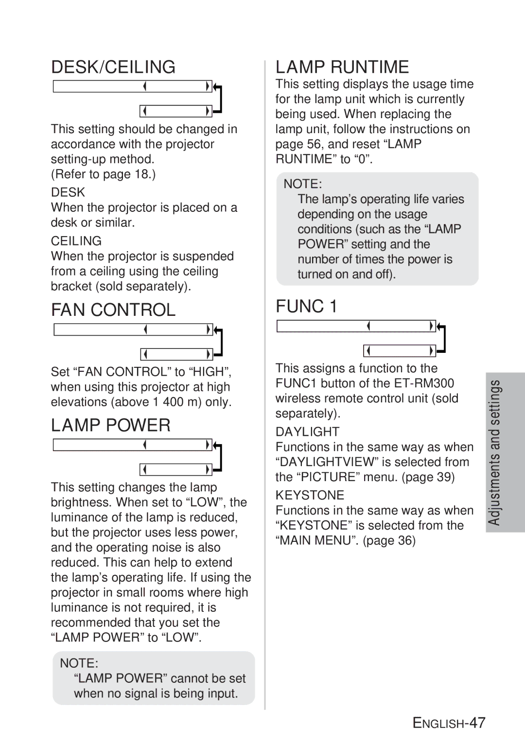 Panasonic PT-LB20SU, PT-LB20VU, PT-LB20U manual Desk/Ceiling, FAN Control, Lamp Power, Lamp Runtime, Func 