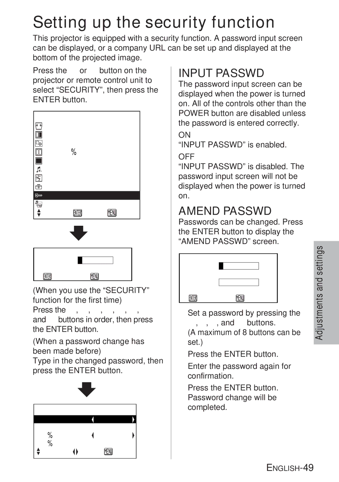 Panasonic PT-LB20U, PT-LB20VU, PT-LB20SU manual Setting up the security function, Input Passwd, Amend Passwd 