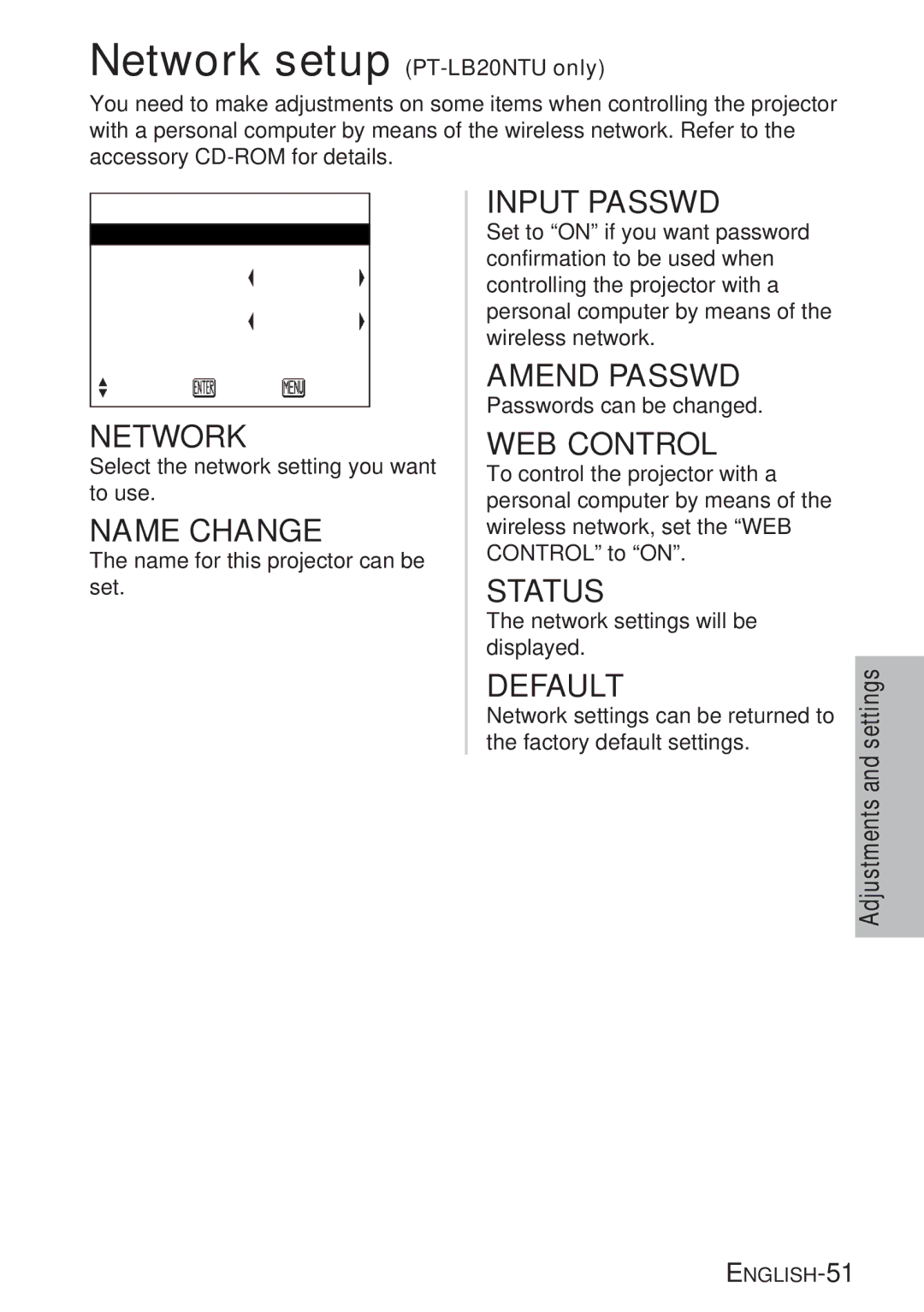 Panasonic PT-LB20VU, PT-LB20U, PT-LB20SU manual Network, Name Change, WEB Control, Status, Default 