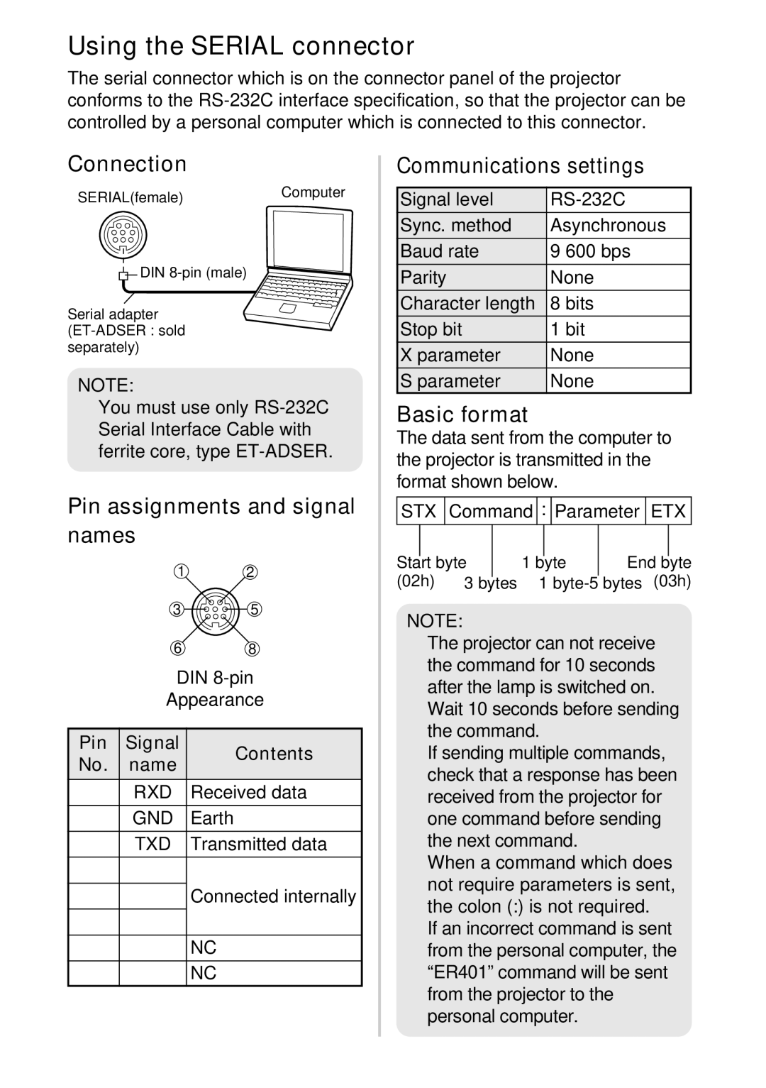 Panasonic PT-LB20U manual Using the Serial connector, Connection, Pin assignments and signal names, Communications settings 