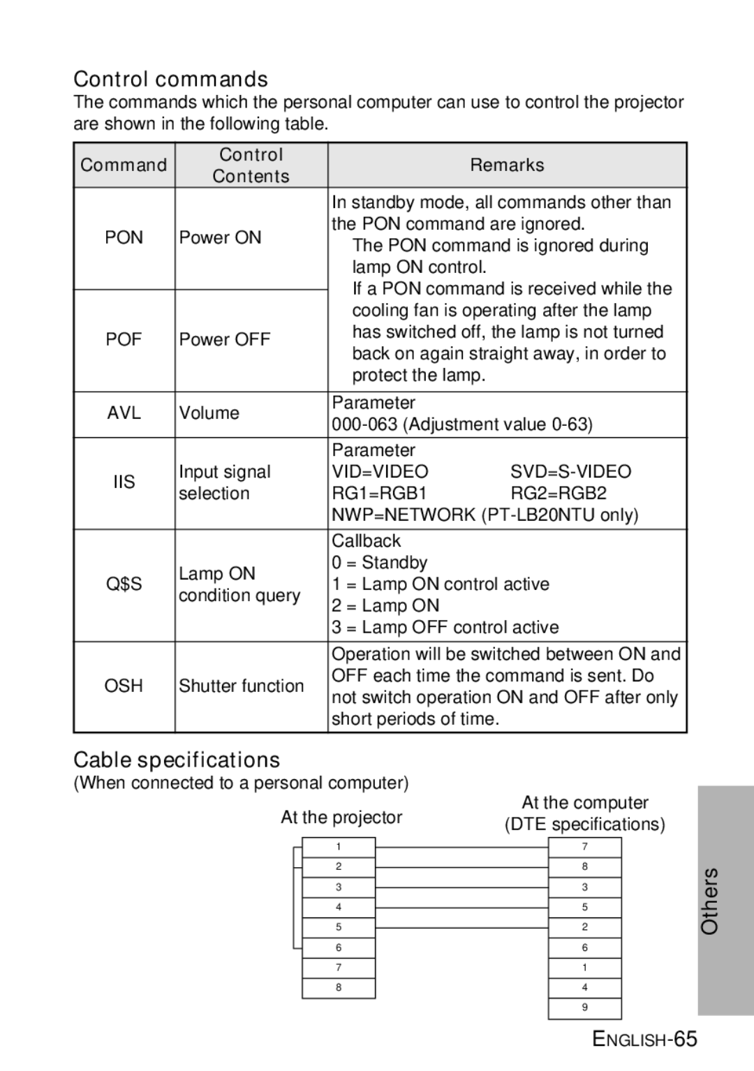 Panasonic PT-LB20SU, PT-LB20VU, PT-LB20U manual Control commands, Cable specifications, Command Control Remarks Contents 