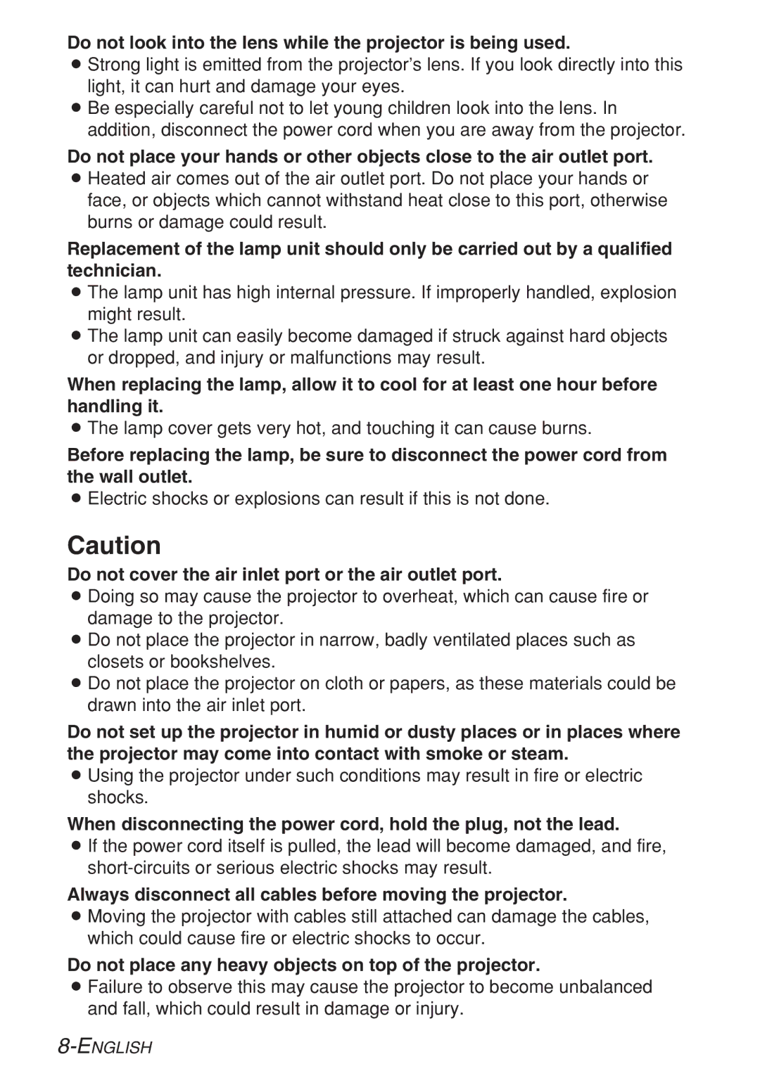 Panasonic PT-LB20SU, PT-LB20VU, PT-LB20U manual Do not look into the lens while the projector is being used 