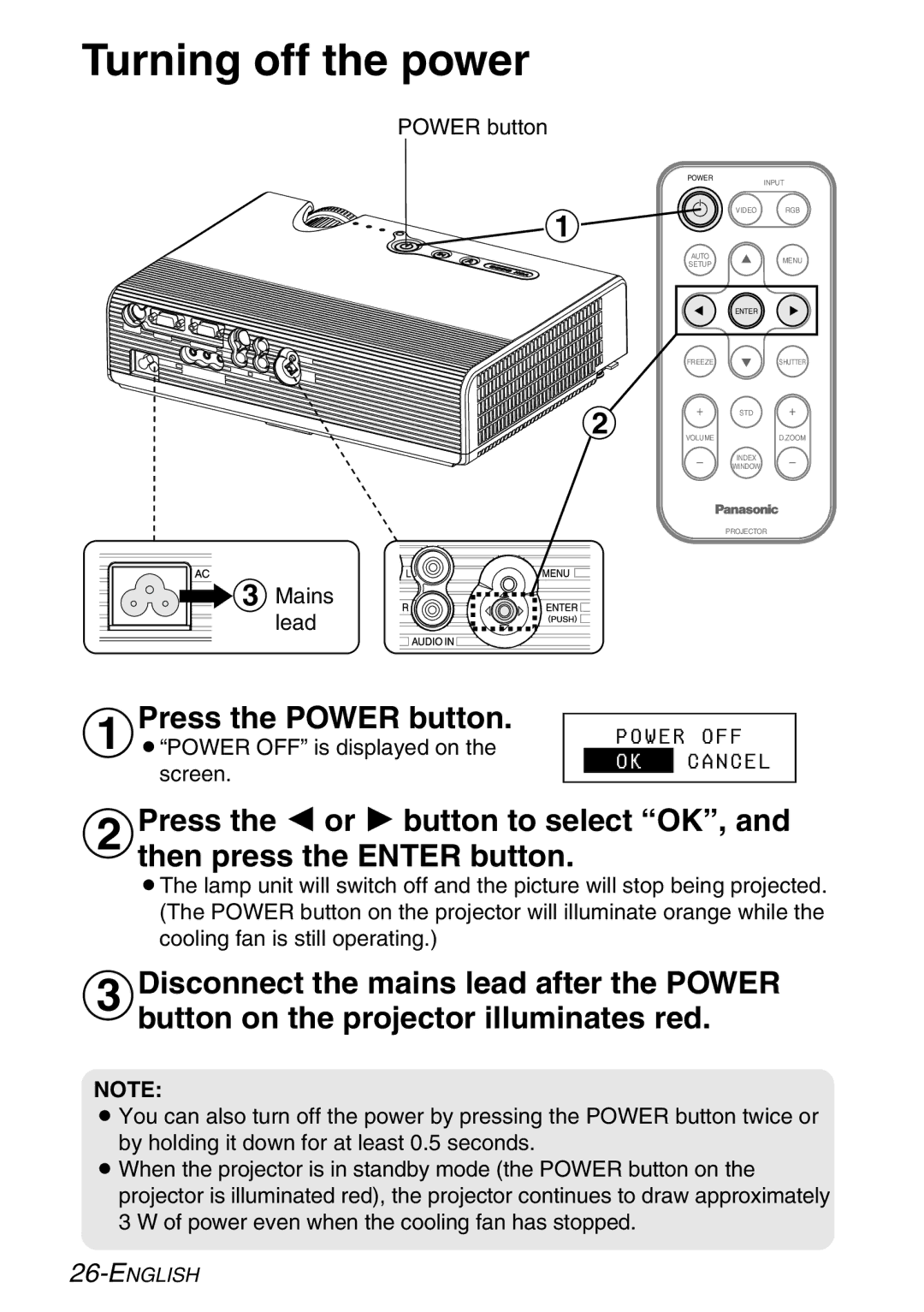 Panasonic PT-LB30NTE, PT-LB30E manual Turning off the power, Press the Power button 