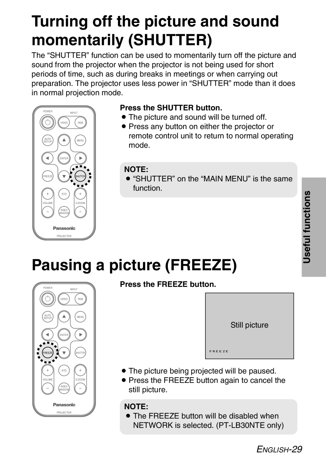 Panasonic PT-LB30E, PT-LB30NTE manual Turning off the picture and sound momentarily Shutter, Pausing a picture Freeze 