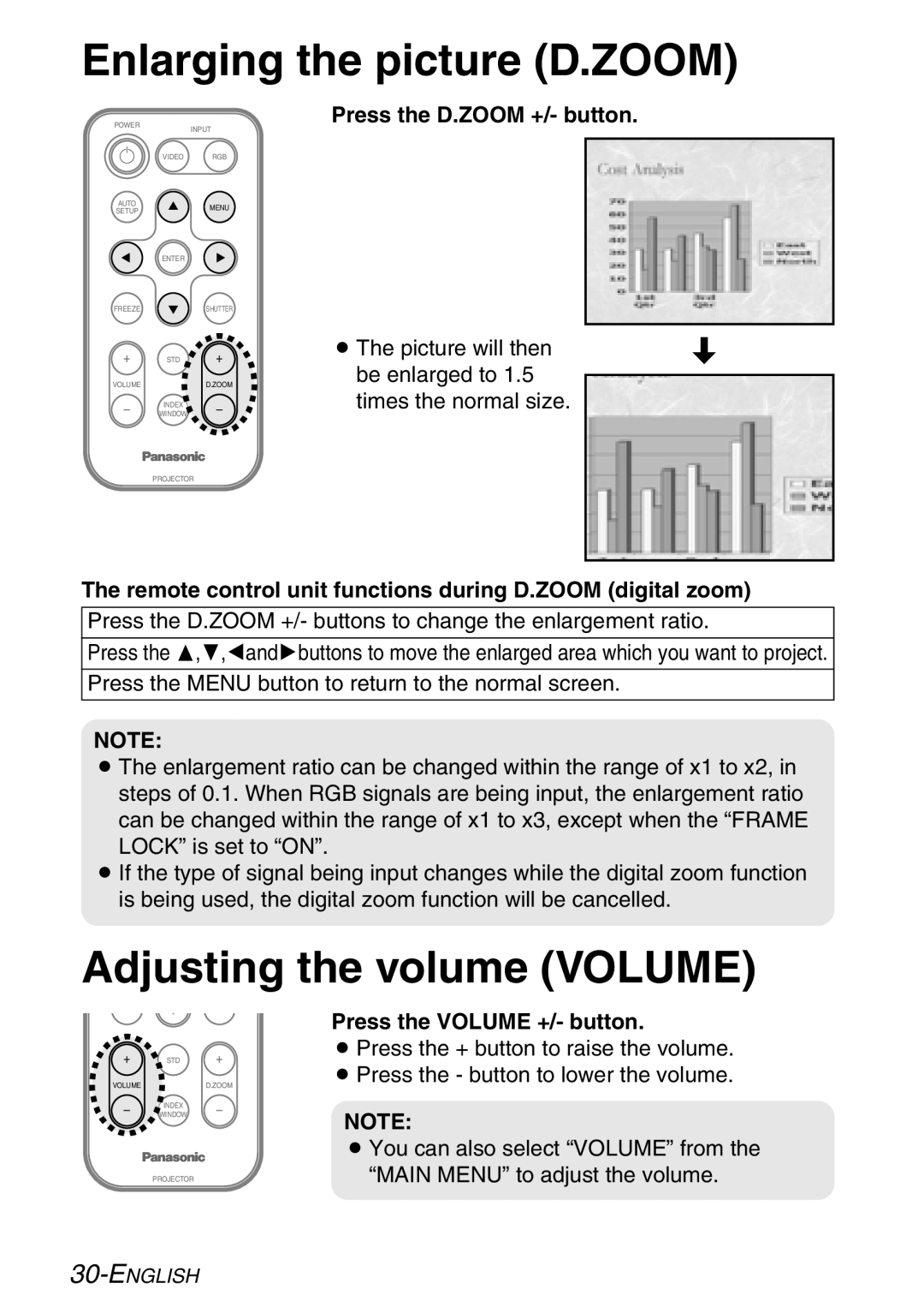 Panasonic PT-LB30NTE, PT-LB30E manual Enlarging the picture D.ZOOM, Adjusting the volume Volume, Press the D.ZOOM +/- button 