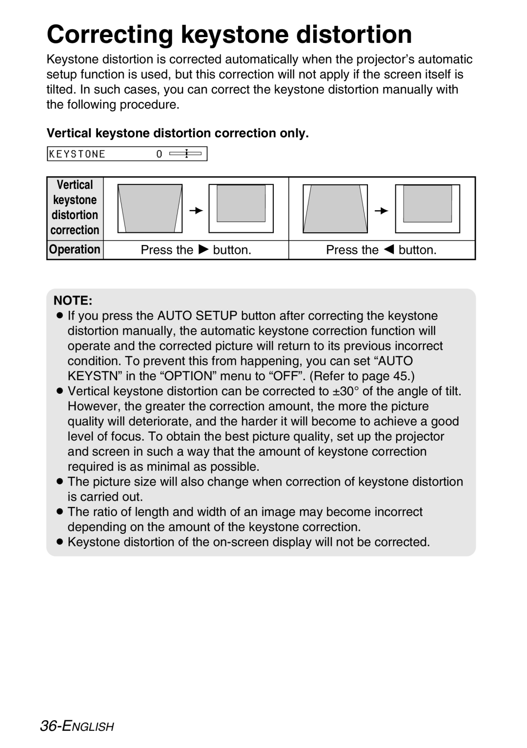 Panasonic PT-LB30NTE, PT-LB30E Correcting keystone distortion, Vertical keystone distortion correction only, Operation 