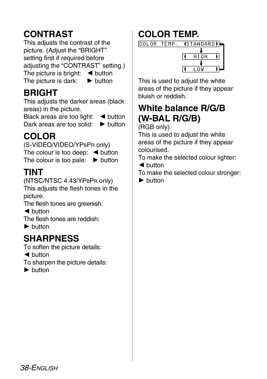 Panasonic PT-LB30NTE, PT-LB30E manual Contrast, Bright, Tint, Sharpness, Color Temp 