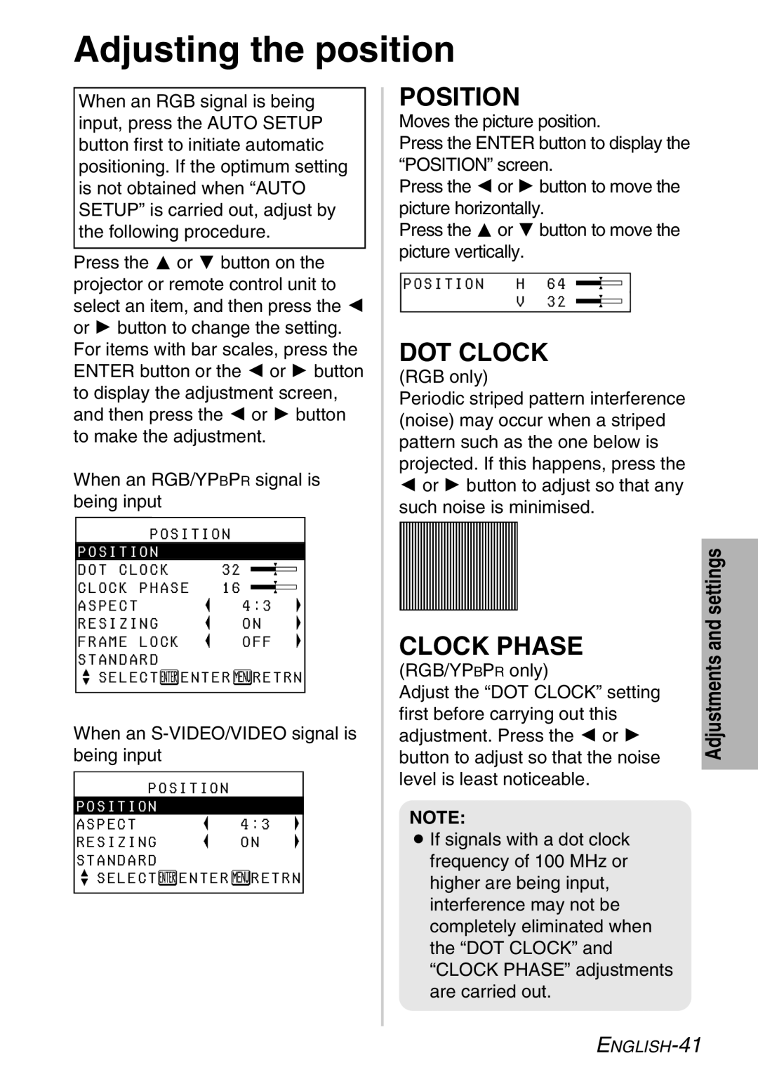 Panasonic PT-LB30E, PT-LB30NTE manual Adjusting the position, Position, DOT Clock, Clock Phase 