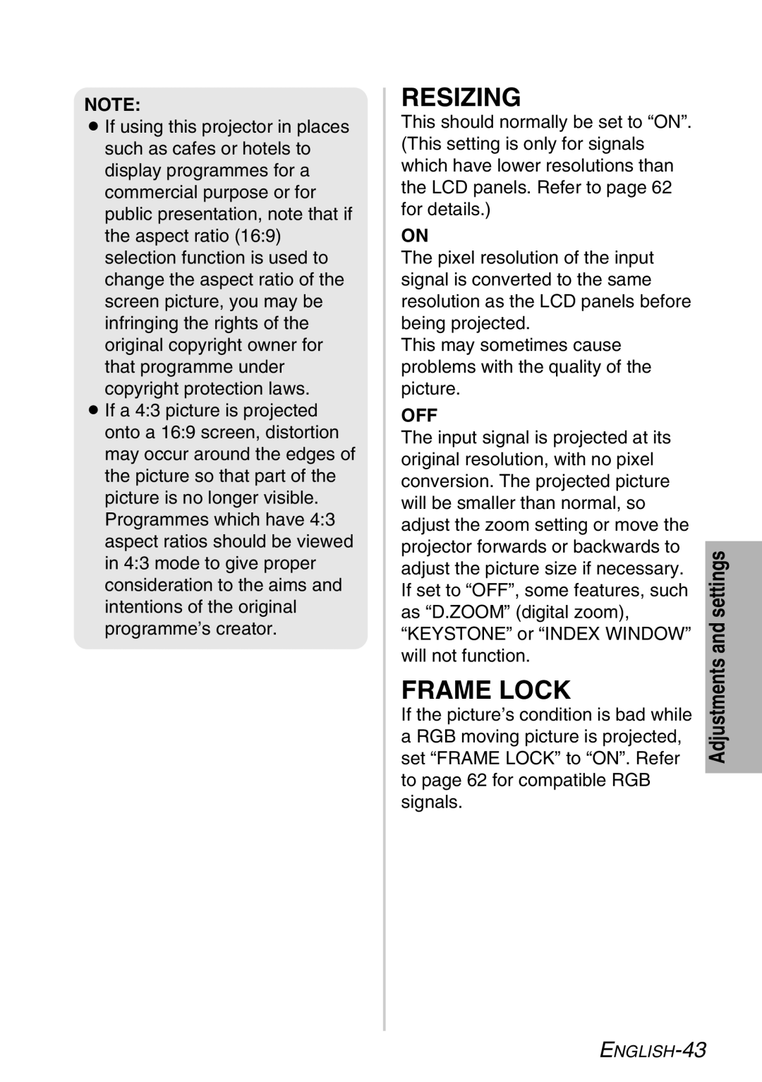 Panasonic PT-LB30E, PT-LB30NTE manual Resizing, Frame Lock 