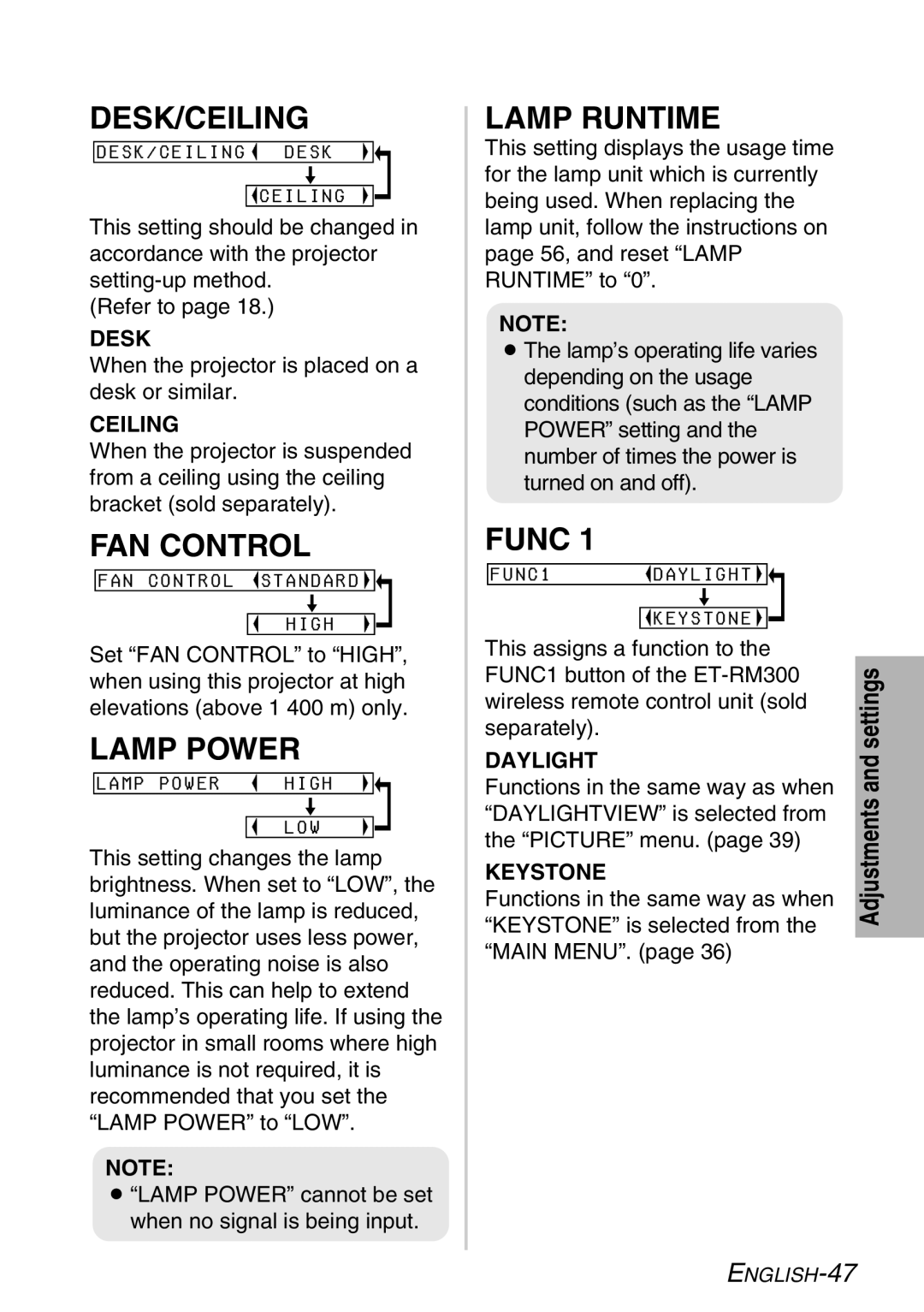 Panasonic PT-LB30E, PT-LB30NTE manual Desk/Ceiling, FAN Control, Lamp Power, Lamp Runtime, Func 