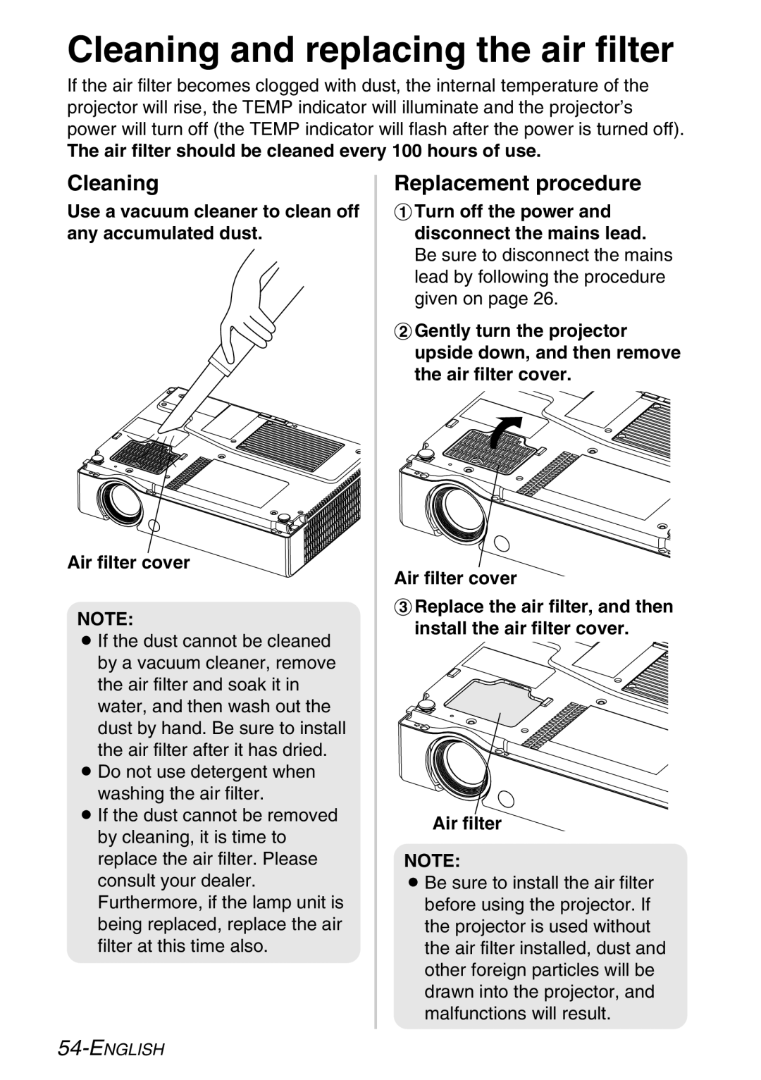 Panasonic PT-LB30NTE, PT-LB30E manual Cleaning and replacing the air filter, Replacement procedure 