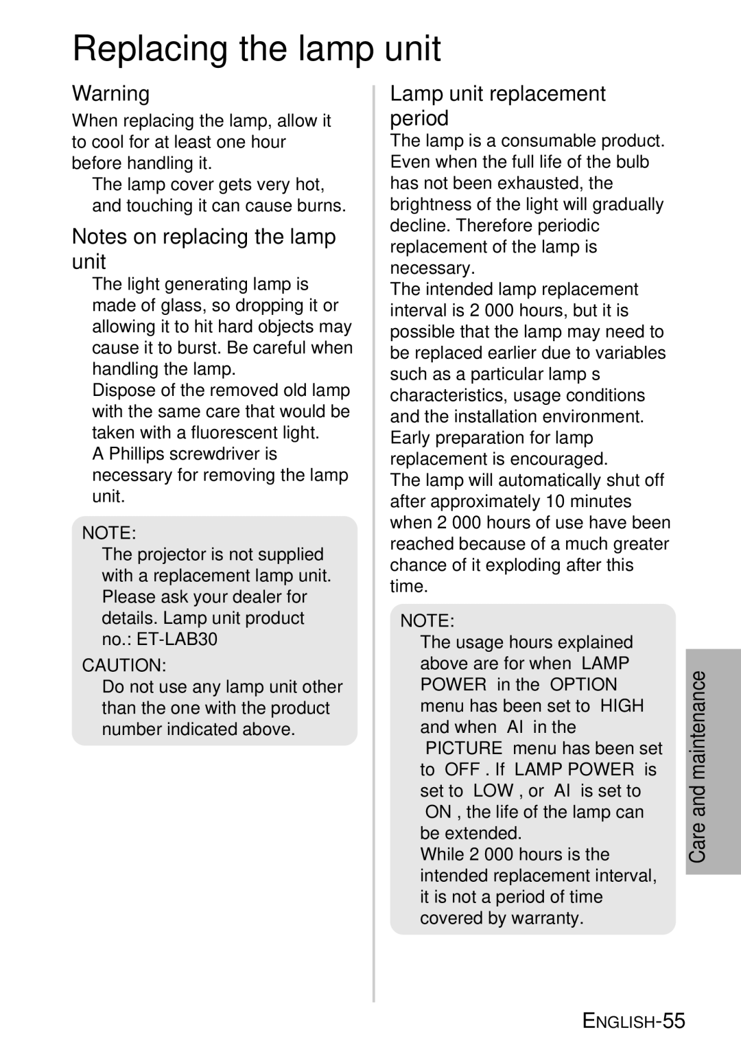 Panasonic PT-LB30E, PT-LB30NTE manual Replacing the lamp unit, Lamp unit replacement period 