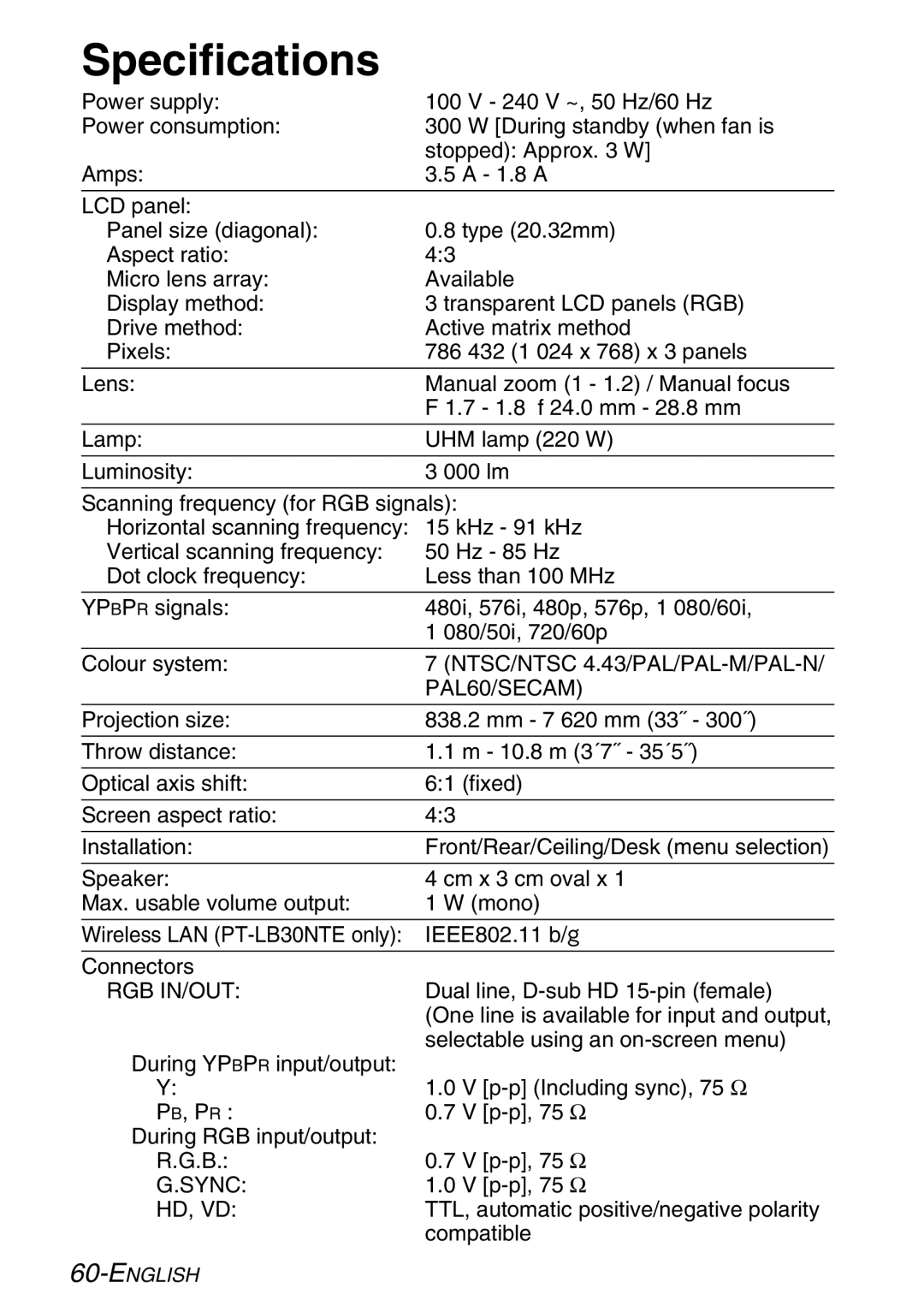 Panasonic PT-LB30NTE, PT-LB30E manual Specifications, PAL60/SECAM 