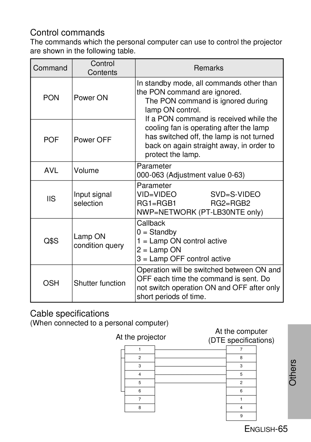 Panasonic PT-LB30E, PT-LB30NTE manual Control commands, Cable specifications, Command Control Remarks Contents 