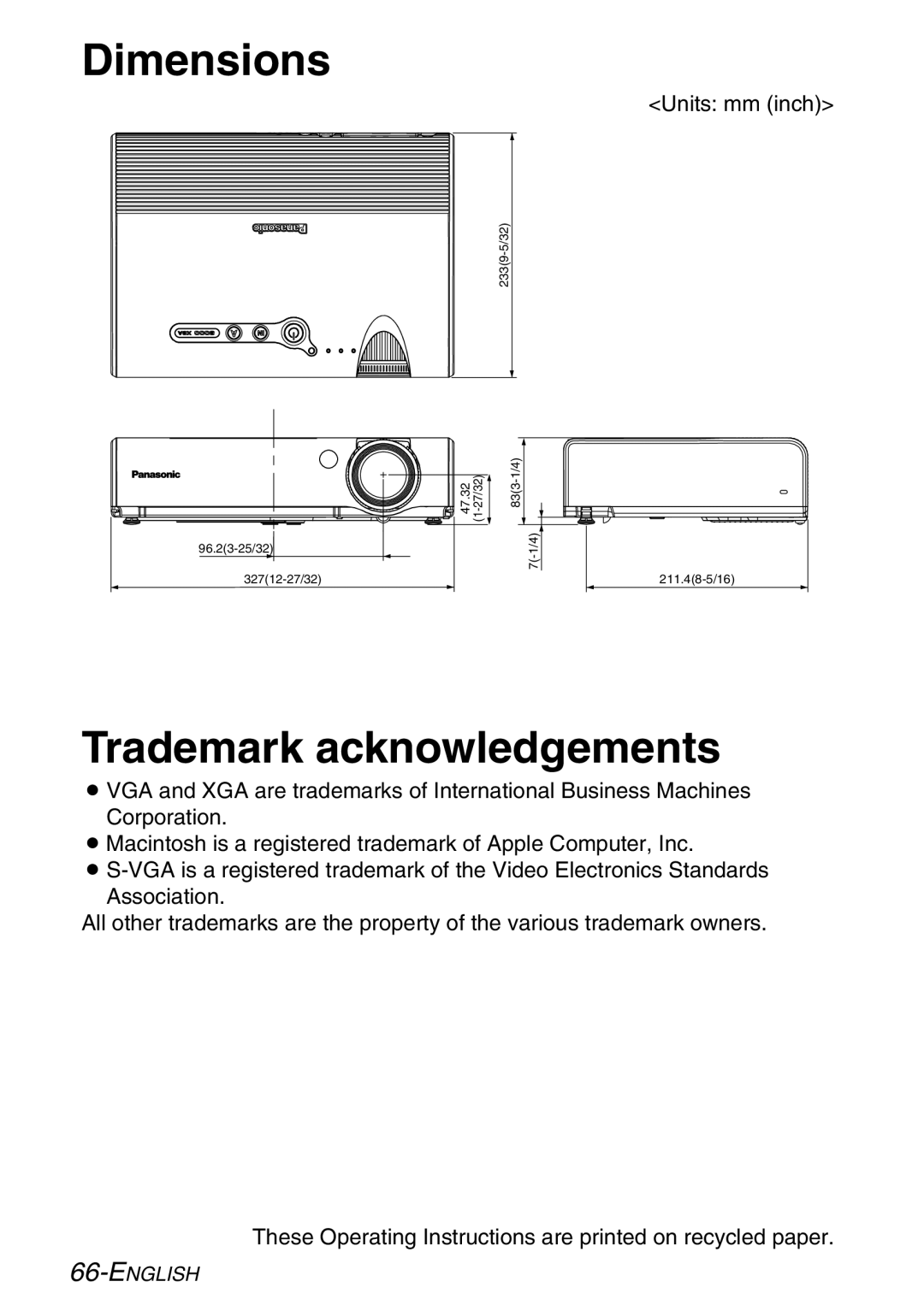 Panasonic PT-LB30NTE, PT-LB30E manual Dimensions, Trademark acknowledgements 