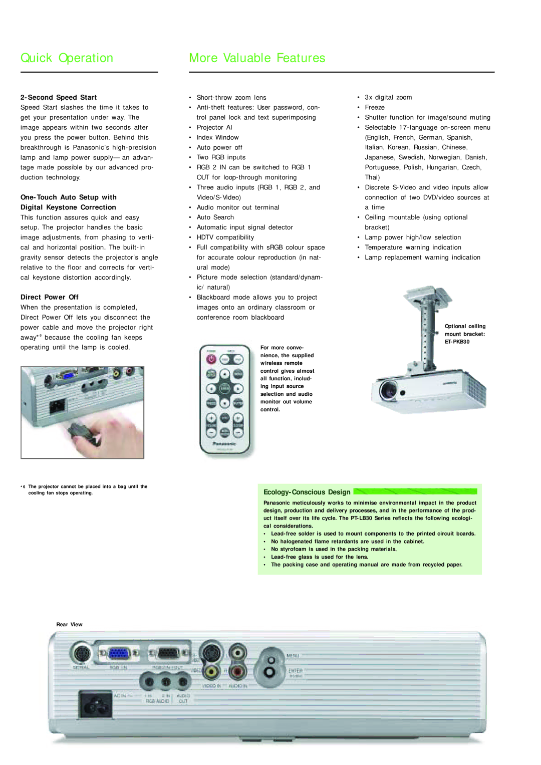 Panasonic PT-LB30NTEA manual Second Speed Start, One-Touch Auto Setup with Digital Keystone Correction, Direct Power Off 