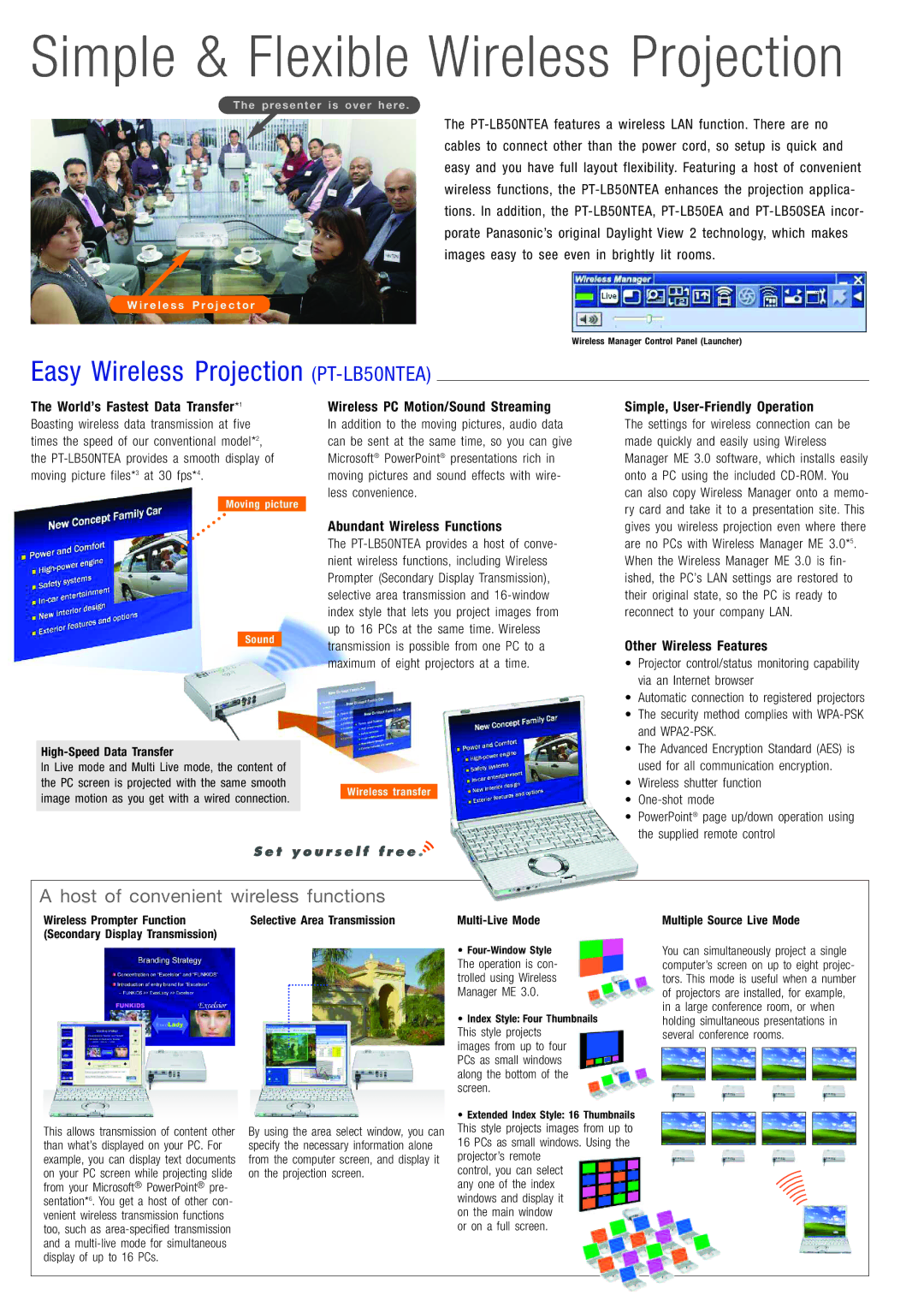 Panasonic manual Easy Wireless Projection PT-LB50NTEA, Wireless PC Motion/Sound Streaming, Abundant Wireless Functions 