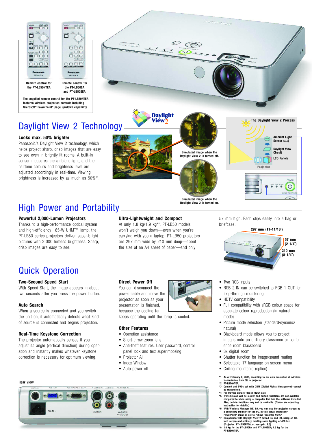 Panasonic PT-LB50 manual Daylight View 2 Technology, High Power and Portability, Quick Operation 