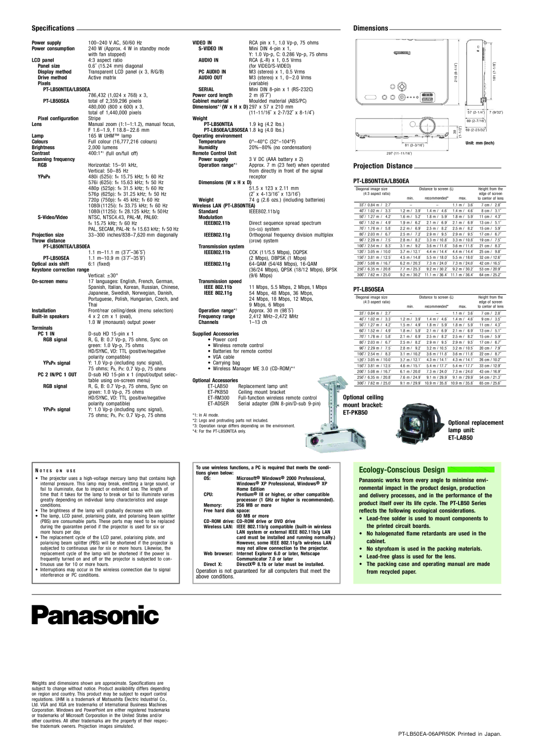 Panasonic PT-LB50 manual Specifications, Projection Distance 