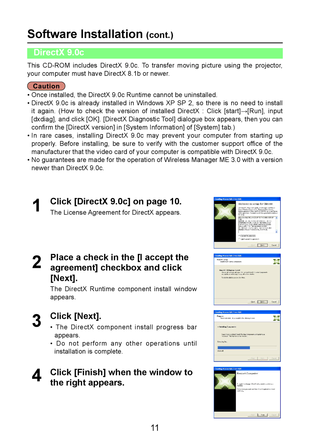 Panasonic PT-LB50NTE manual Click DirectX 9.0c on, Click Next, Click Finish when the window to the right appears 