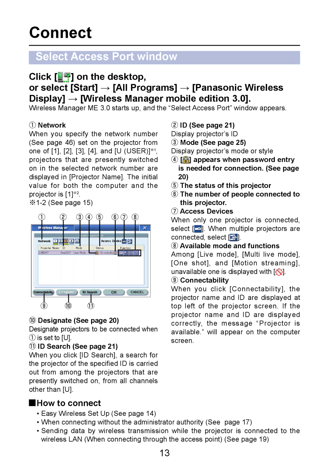 Panasonic PT-LB50NTE manual Connect, Select Access Port window, How to connect 