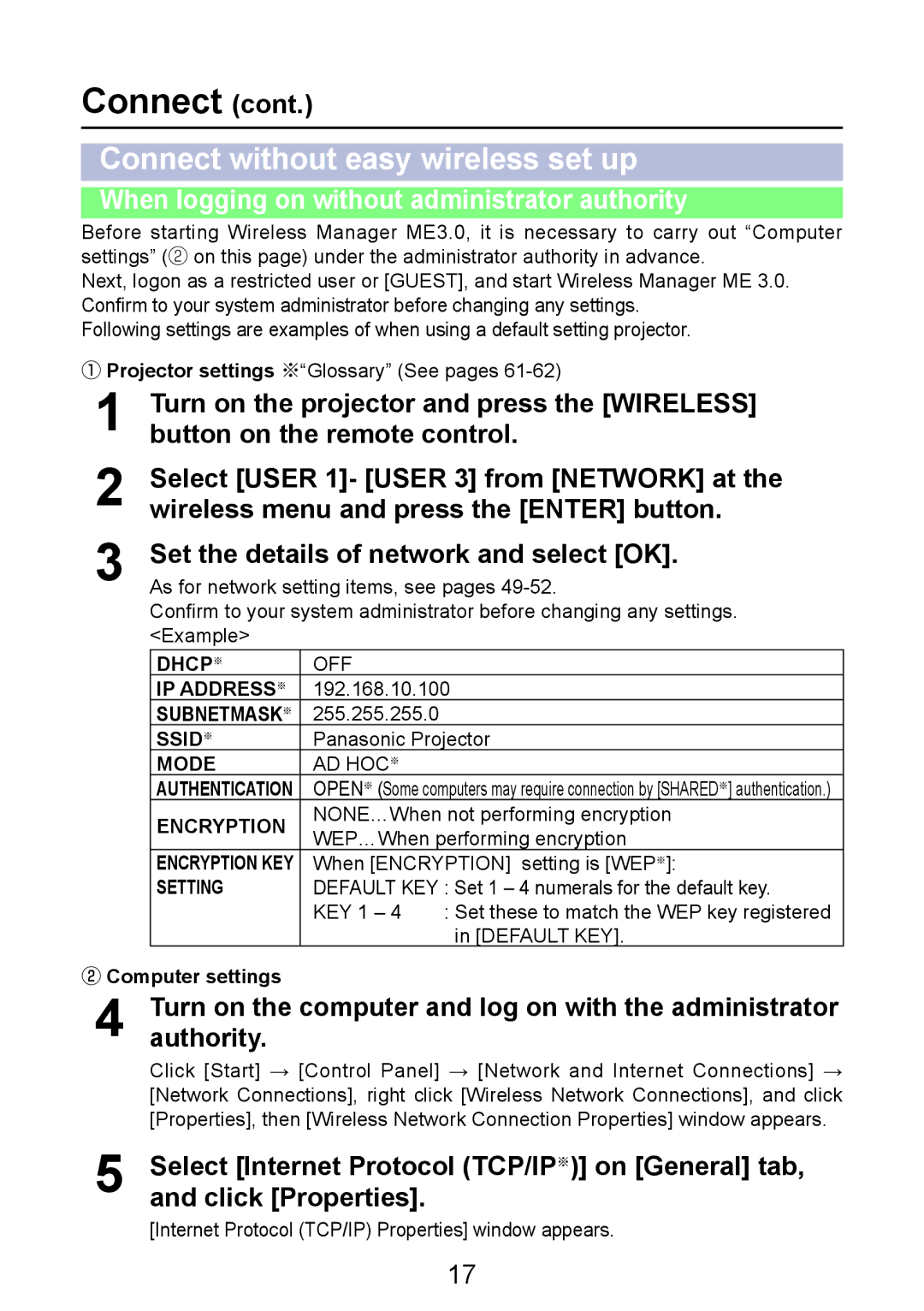 Panasonic PT-LB50NTE manual Connect without easy wireless set up, When logging on without administrator authority 