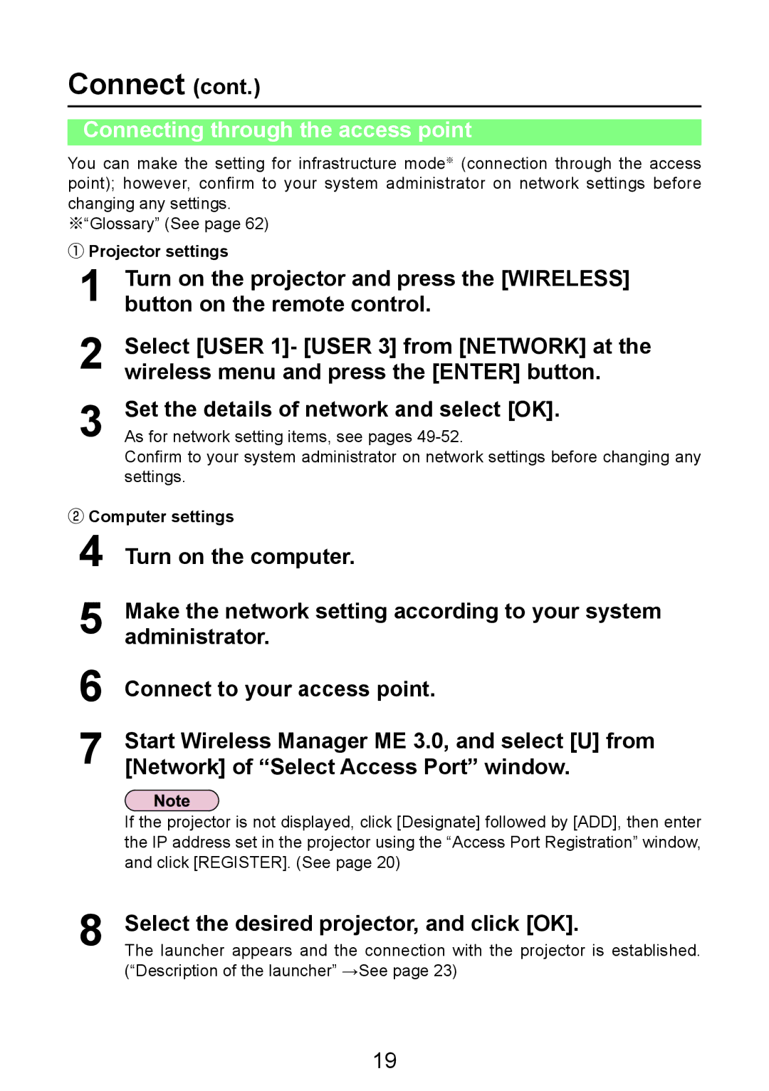 Panasonic PT-LB50NTE manual Connecting through the access point, Turn on the computer, ① Projector settings 