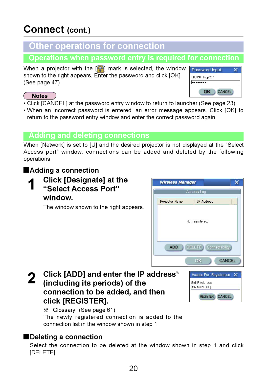 Panasonic PT-LB50NTE manual Other operations for connection, Operations when password entry is required for connection 