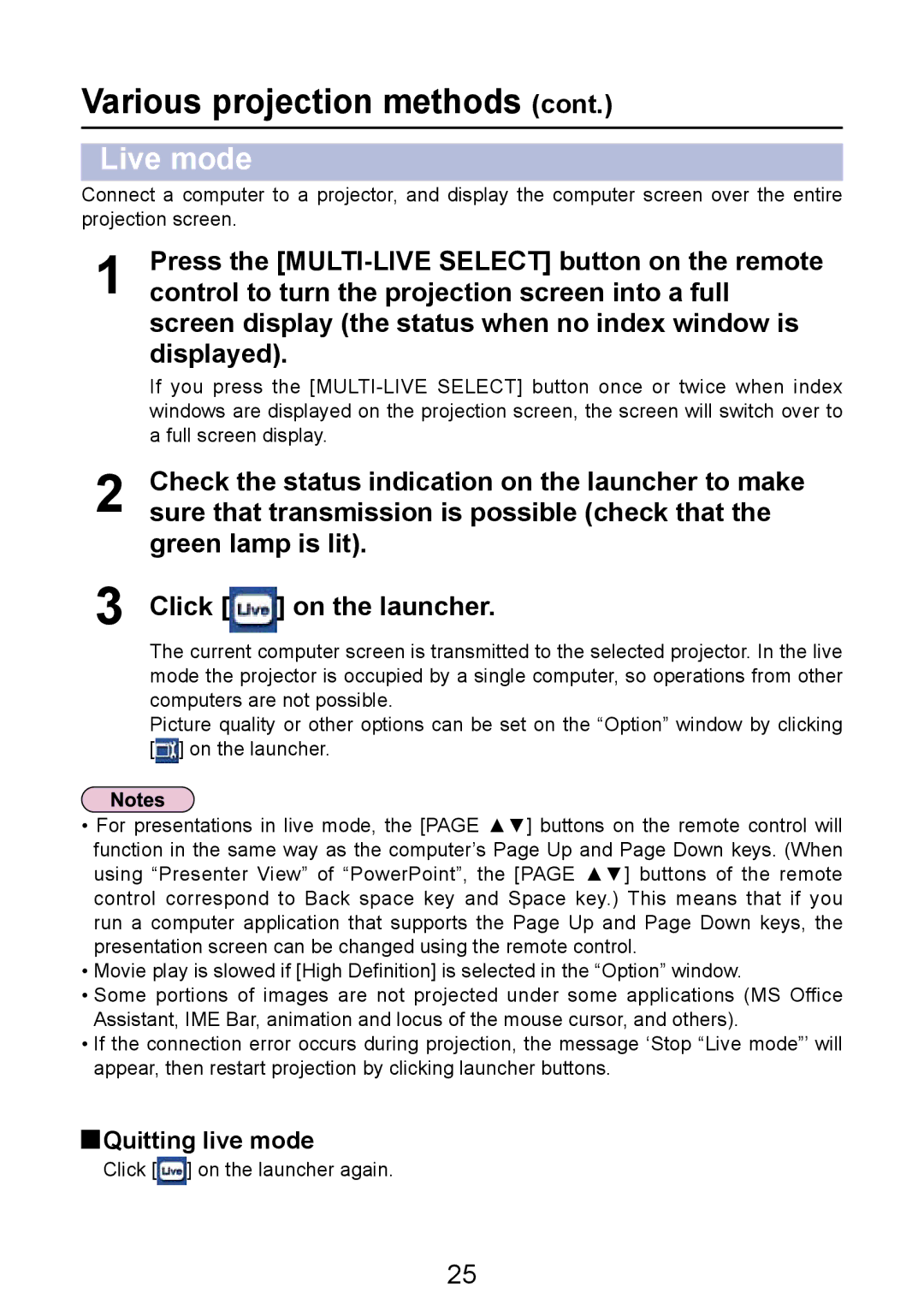 Panasonic PT-LB50NTE manual Live mode, Quitting live mode 